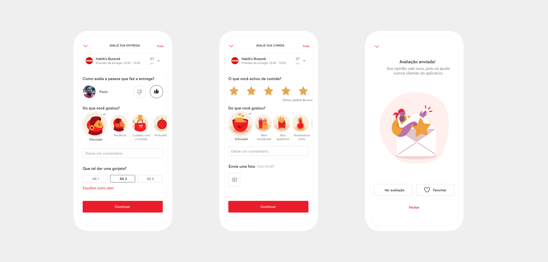 Fluxo de avaliação do pedido no aplicativo iFood