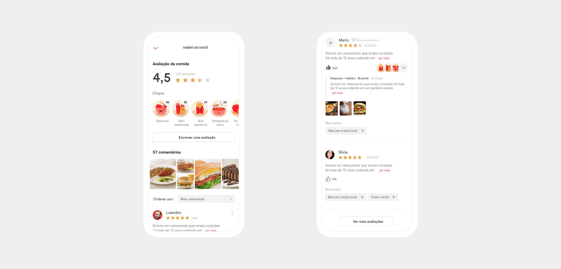 Telas da experiência de avaliação do pedido no aplicativo iFood